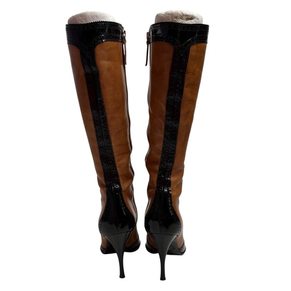 MARINO FABIANI SIZE 6 1/2 BROWN/BLACK POINTED TOE LEATHER VINTAGE KNEE HIGH BOOT - Picture 3 of 8